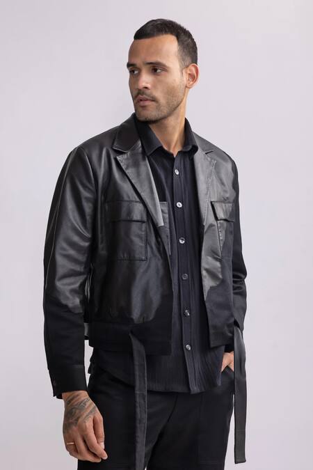 Countrymade_Black Leather, Linen Harbour Patch Short Jacket _Online_at_Aza_Fashions
