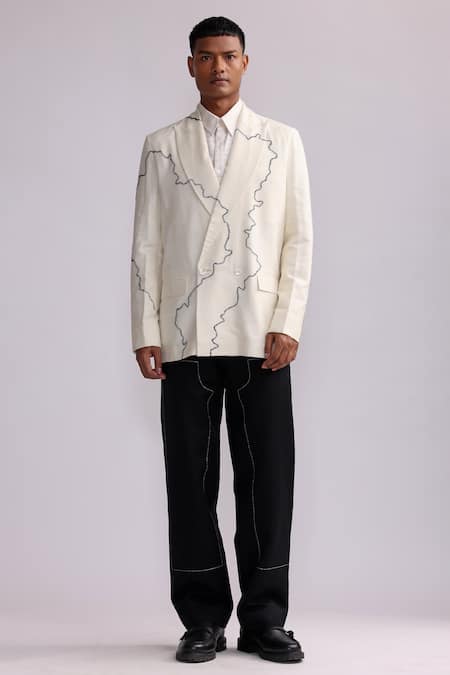 Countrymade White Matka Silk Embroidered Thread Harbour Contour Line Single Breasted Blazer 