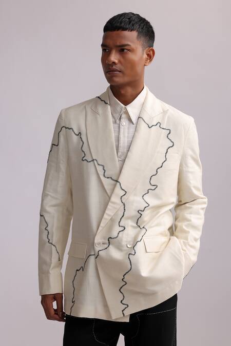 Countrymade White Matka Silk Embroidered Thread Harbour Contour Line Single Breasted Blazer Online at Aza Fashions Countrymade_White Matka Silk Embroidered Thread Harbour Contour Line Single Breasted Blazer _Online_at_Aza_Fashions
