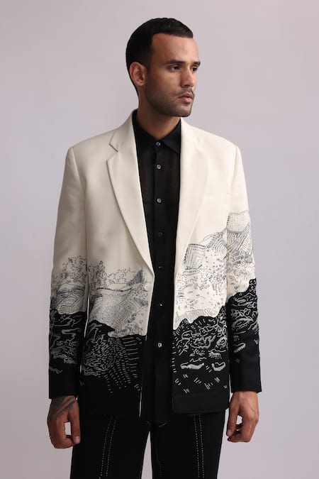 Countrymade Black Matka Silk Embroidered Thread Landscape Single Breasted Blazer Online at Aza Fashions Countrymade_Black Matka Silk Embroidered Thread Landscape Single Breasted Blazer _Online_at_Aza_Fashions