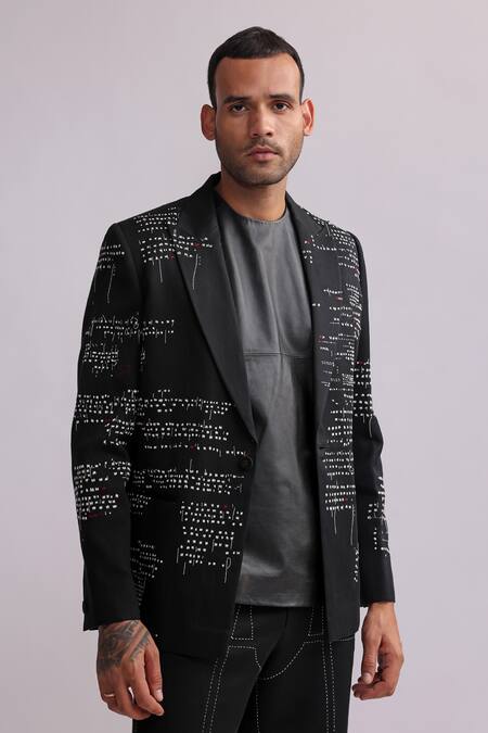 Countrymade Black Linen Embroidered Thread Aesmic Single Breasted Blazer Online at Aza Fashions Countrymade_Black Linen Embroidered Thread Aesmic Single Breasted Blazer _Online_at_Aza_Fashions