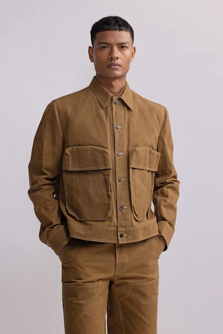 Buy_Countrymade_Brown Canvas Solid Letter Box Pocket Jacket _Online_at_Aza_Fashions