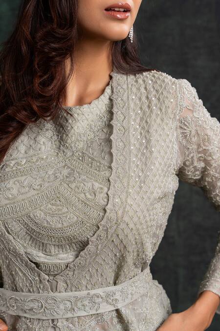 Shikha And Srishti Design_Blue Organza Sequins, Beads, Embroidery Round Neck Floral Jacket Lehenga Set _Online_at_Aza_Fashions