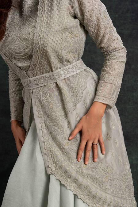 Buy_Shikha And Srishti Design_Blue Organza Sequins, Beads, Embroidery Round Neck Floral Jacket Lehenga Set _Online_at_Aza_Fashions