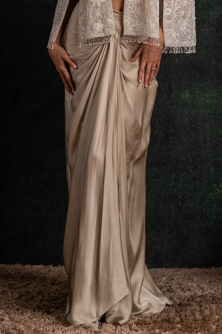 Shikha And Srishti Design_Beige Satin Embroidery, Sequins Round Neck Floral Cape Skirt Set _Online_at_Aza_Fashions