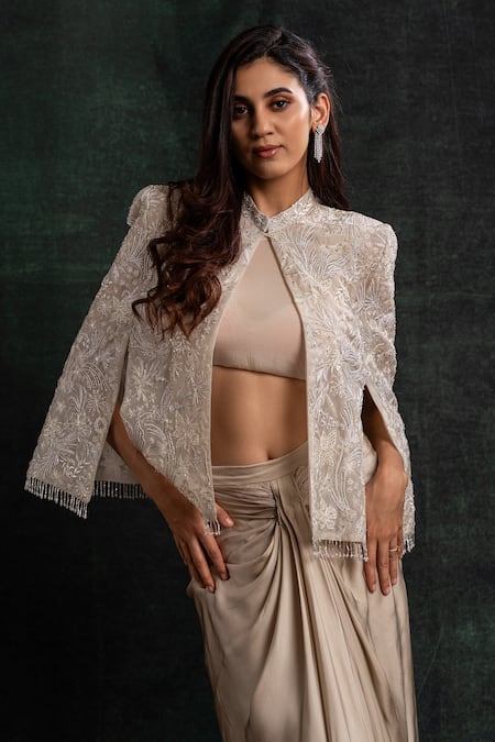 Buy_Shikha And Srishti Design_Beige Satin Embroidery, Sequins Round Neck Floral Cape Skirt Set _Online_at_Aza_Fashions