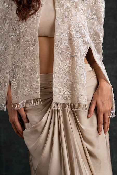 Shop_Shikha And Srishti Design_Beige Satin Embroidery, Sequins Round Neck Floral Cape Skirt Set _Online_at_Aza_Fashions