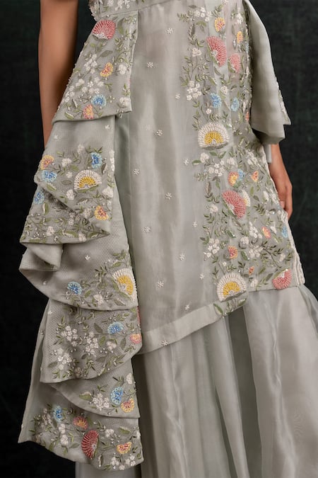 Buy_Shikha And Srishti Design_Blue Crepe Beads, Embroidery Round Neck Asymmetrical Kurta And Pant Set _Online_at_Aza_Fashions