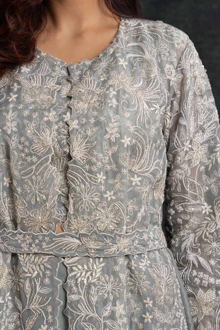 Buy_Shikha And Srishti Design_Blue Crepe Embroidery Round Neck Jacket Pant Set _Online_at_Aza_Fashions