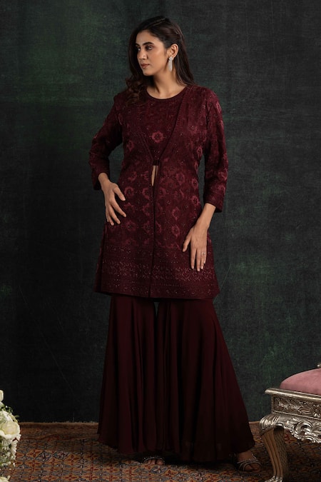 Shikha and Srishti Design Maroon Crepe Embroidered Cutdana Round Jacket Sharara Set  