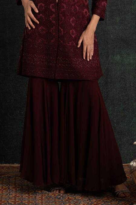 Buy_Shikha And Srishti Design_Maroon Crepe Cut Work Round Neck Embroidered Jacket Sharara Set _Online_at_Aza_Fashions
