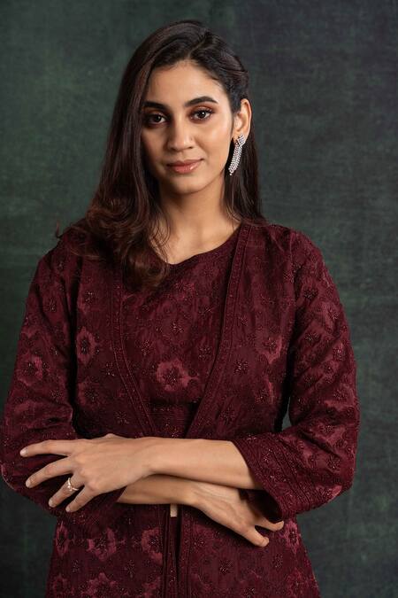 Shop_Shikha And Srishti Design_Maroon Crepe Cut Work Round Neck Embroidered Jacket Sharara Set _Online_at_Aza_Fashions