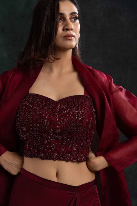 Buy_Shikha And Srishti Design_Maroon Crepe Cut Work Sweetheart , Open Embroidered Jacket Skirt Set _Online_at_Aza_Fashions