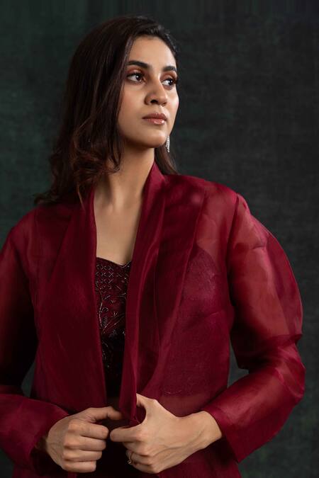 Shop_Shikha And Srishti Design_Maroon Crepe Cut Work Sweetheart , Open Embroidered Jacket Skirt Set _Online_at_Aza_Fashions