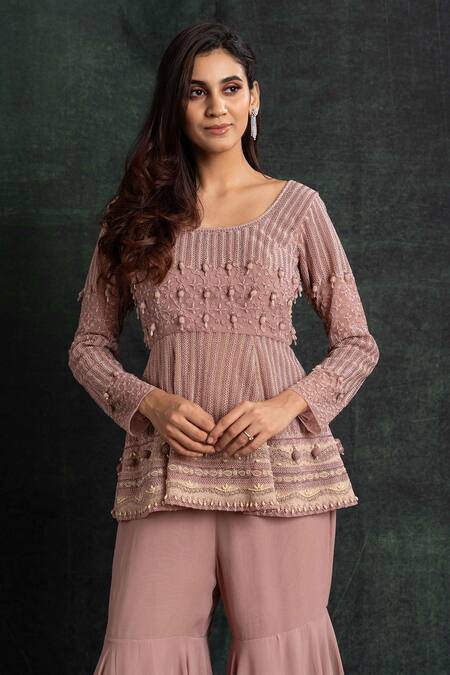 Buy_Shikha And Srishti Design_Pink Crepe Diamonds, Beads Round Neck Embroidered Peplum Top And Sharara Set _Online_at_Aza_Fashions