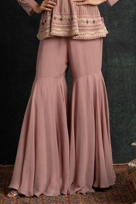 Shop_Shikha And Srishti Design_Pink Crepe Diamonds, Beads Round Neck Embroidered Peplum Top And Sharara Set _Online_at_Aza_Fashions