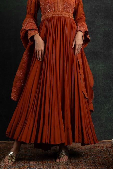 Shikha And Srishti Design_Orange Crepe Beads, Embroidery V-neck Anarkali With Dupatta _Online_at_Aza_Fashions