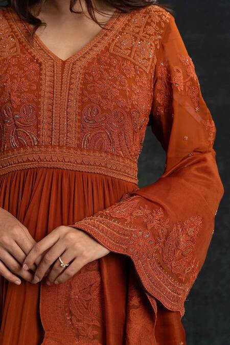 Buy_Shikha And Srishti Design_Orange Crepe Beads, Embroidery V-neck Anarkali With Dupatta _Online_at_Aza_Fashions