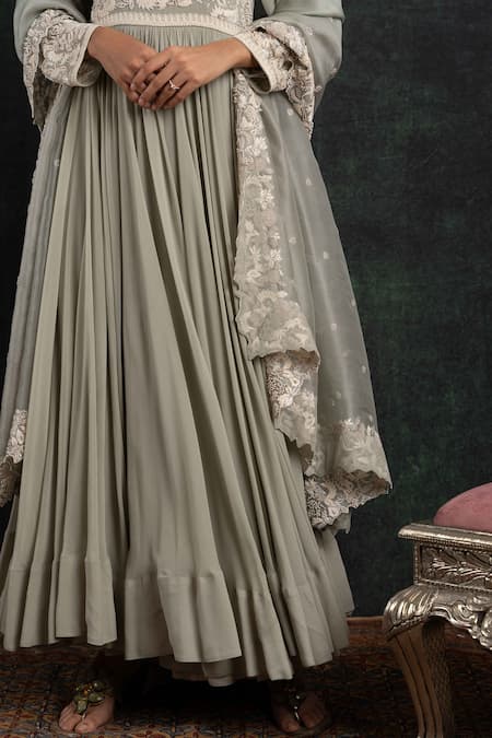 Shikha And Srishti Design_Blue Crepe, Chiffon Beads Round Neck Dori Embroidered Anarkali With Dupatta _Online_at_Aza_Fashions