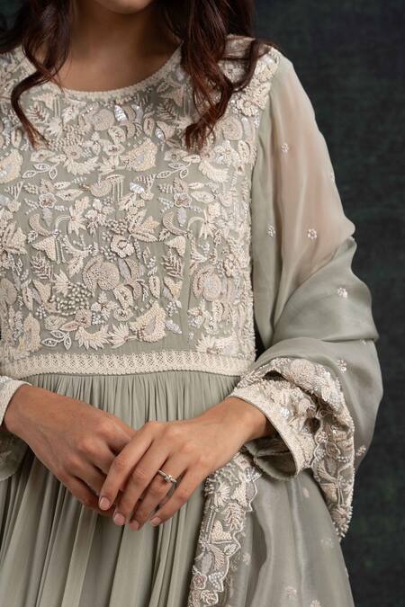 Buy_Shikha And Srishti Design_Blue Crepe, Chiffon Beads Round Neck Dori Embroidered Anarkali With Dupatta _Online_at_Aza_Fashions