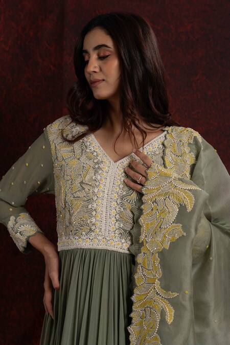 Shop_Shikha And Srishti Design_Green Crepe Diamonds, Embroidery V-neck Beads Anarkali With Dupatta _Online_at_Aza_Fashions