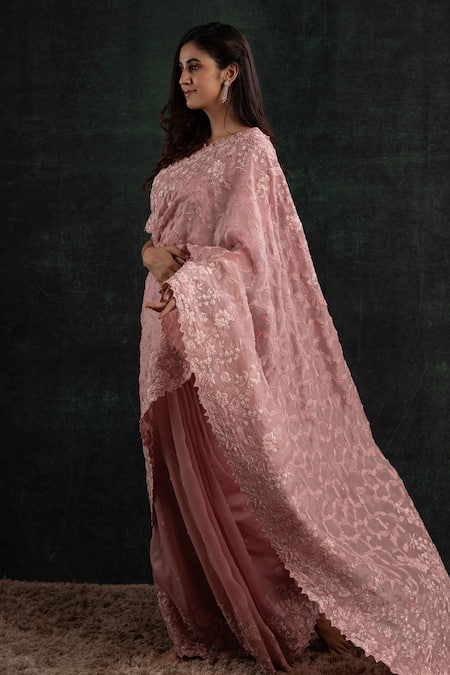 Shikha And Srishti Design_Pink Organza Embroidery Round Neck Saree With Blouse _Online_at_Aza_Fashions
