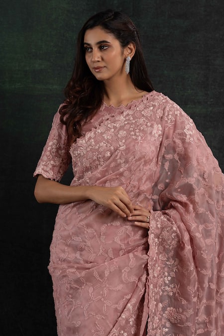 Buy_Shikha And Srishti Design_Pink Organza Embroidery Round Neck Saree With Blouse _Online_at_Aza_Fashions