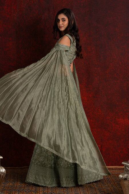 Buy_Shikha And Srishti Design_Green Crepe Cut Work, Embroidery Asymmetric Blouse And Lehenga Set _Online_at_Aza_Fashions