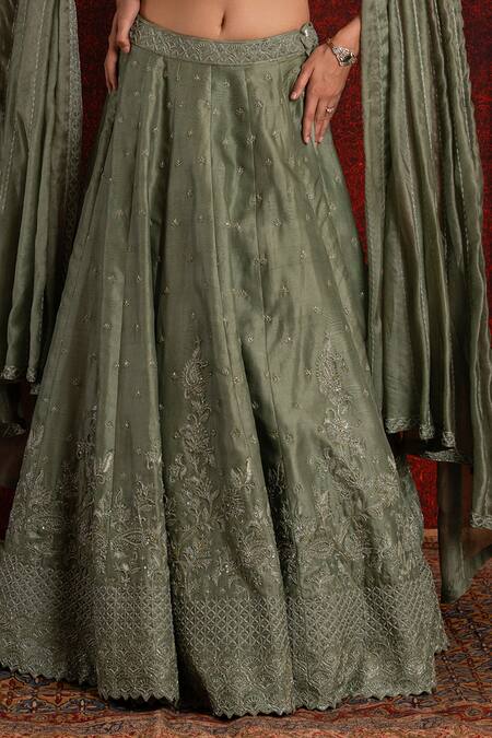 Shop_Shikha And Srishti Design_Green Crepe Cut Work, Embroidery Asymmetric Blouse And Lehenga Set _Online_at_Aza_Fashions