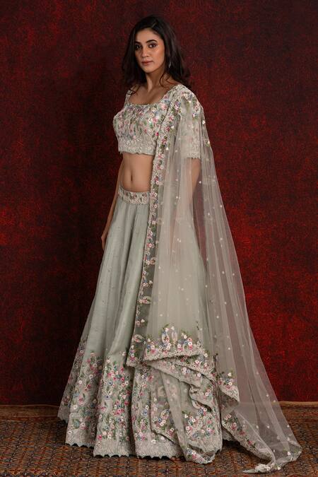 Buy Shikha And Srishti Design Blue Crepe, Chiffon Embroidery, Cut Work, Pearls Round Neck Blouse Lehenga Set Online at Aza Fashions Buy_Shikha And Srishti Design_Blue Crepe, Chiffon Embroidery, Cut Work, Pearls Round Neck Blouse Lehenga Set _Online_at_Aza_Fashions