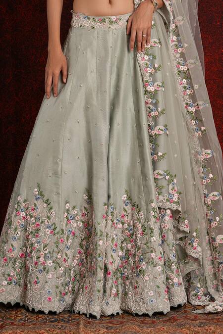 Shop Shikha And Srishti Design Blue Crepe, Chiffon Embroidery, Cut Work, Pearls Round Neck Blouse Lehenga Set Online at Aza Fashions Shop_Shikha And Srishti Design_Blue Crepe, Chiffon Embroidery, Cut Work, Pearls Round Neck Blouse Lehenga Set _Online_at_Aza_Fashions