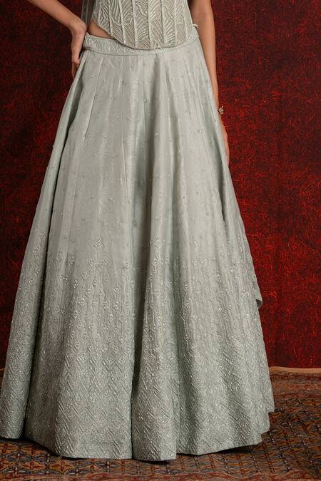 Buy_Shikha And Srishti Design_Blue Crepe Cut Work Bandeau Neck Embroidered Lehenga Set _Online_at_Aza_Fashions