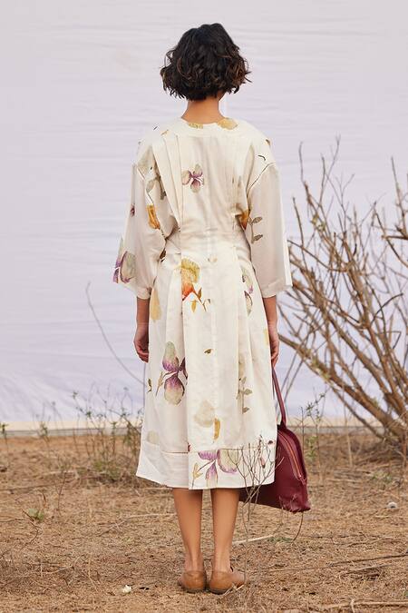 Shop_Kharakapas_Off White Cotton Embroidery Bandeau Neck Aangan Floral Print Dress _at_Aza_Fashions