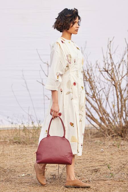 Kharakapas_Off White Cotton Embroidery Bandeau Neck Aangan Floral Print Dress _Online_at_Aza_Fashions