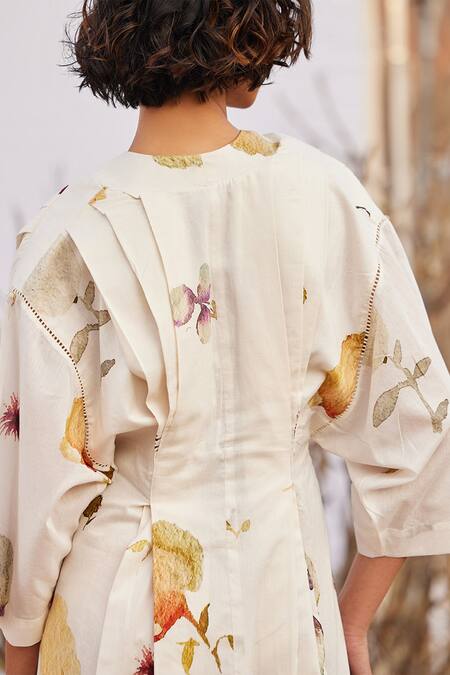Shop_Kharakapas_Off White Cotton Embroidery Bandeau Neck Aangan Floral Print Dress _Online_at_Aza_Fashions