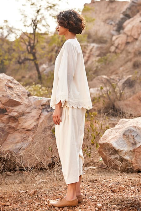 Kharakapas_Off White Cotton Lace, Embroidery Round Neck Shuchi Top And Salwar Set _Online_at_Aza_Fashions