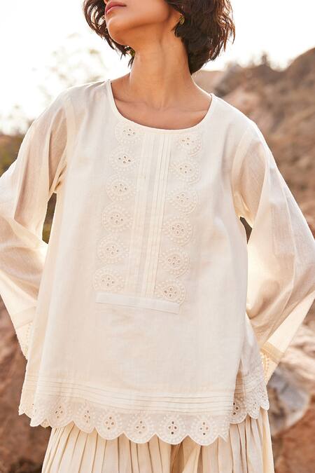 Kharakapas_Off White Cotton Lace, Embroidery Round Neck Shuchi Top And Salwar Set _at_Aza_Fashions