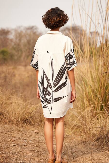 Shop_Kharakapas_Off White Cotton Collared Leaf Printed Shirt Dress _at_Aza_Fashions