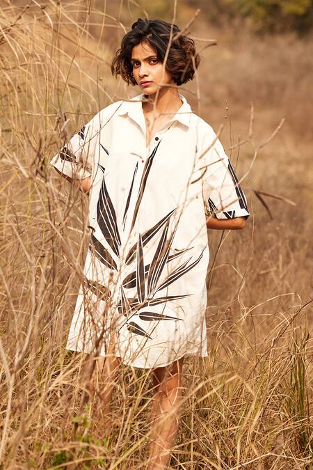 Buy_Kharakapas_Off White Cotton Collared Leaf Printed Shirt Dress _Online_at_Aza_Fashions