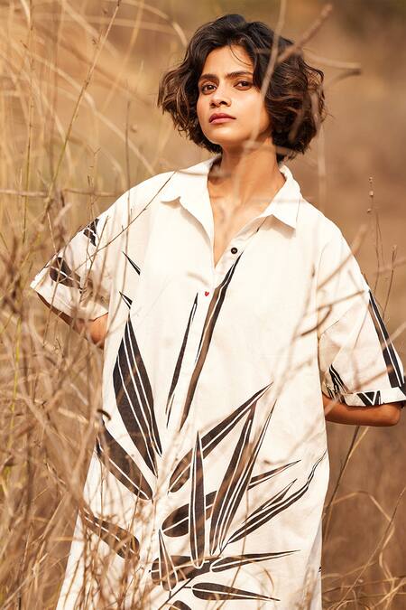 Shop_Kharakapas_Off White Cotton Collared Leaf Printed Shirt Dress _Online_at_Aza_Fashions