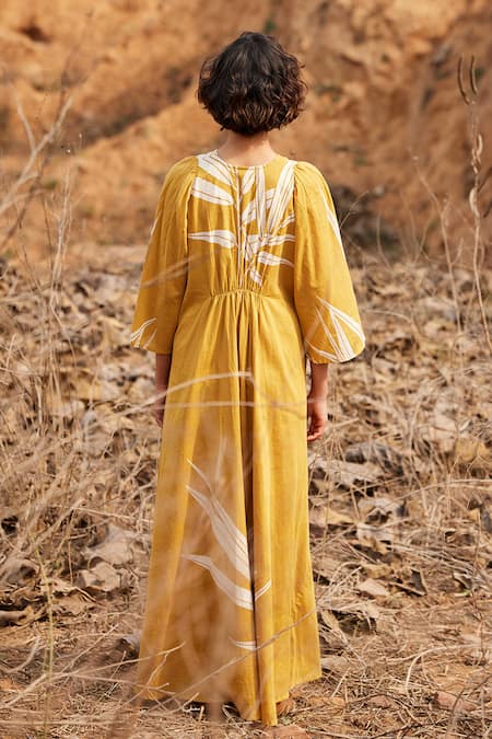 Shop_Kharakapas_Yellow Cotton V-neck Sahara Leaf Print Dress _at_Aza_Fashions