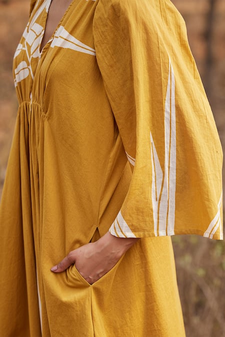 Shop_Kharakapas_Yellow Cotton V-neck Sahara Leaf Print Dress _Online_at_Aza_Fashions