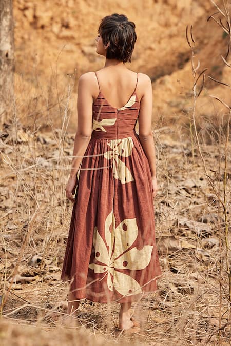 Shop_Kharakapas_Brown Cotton V-neck Mystiq Floral Print Dress _at_Aza_Fashions