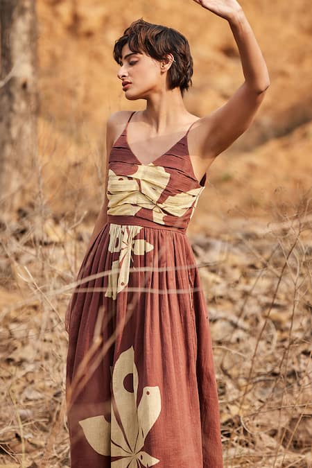 Buy_Kharakapas_Brown Cotton V-neck Mystiq Floral Print Dress _Online_at_Aza_Fashions