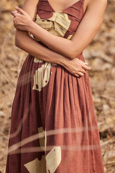 Shop_Kharakapas_Brown Cotton V-neck Mystiq Floral Print Dress _Online_at_Aza_Fashions