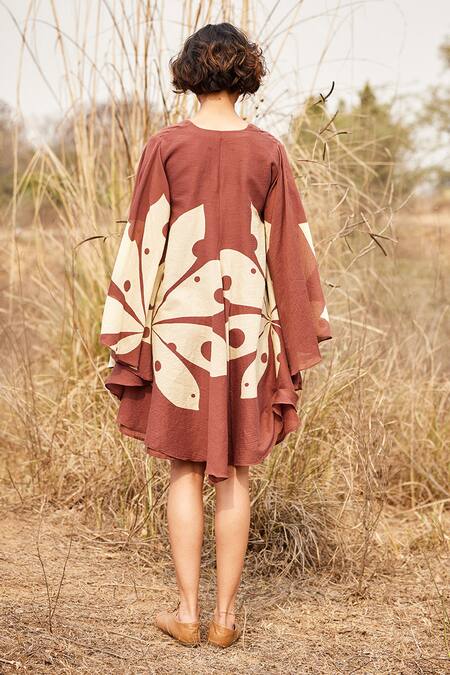Shop_Kharakapas_Brown Cotton Open Neck Groove Floral Print Dress _at_Aza_Fashions
