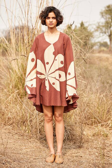 Kharakapas_Brown Cotton Open Neck Groove Floral Print Dress _Online_at_Aza_Fashions