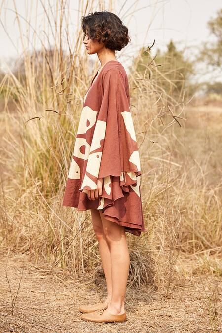 Buy_Kharakapas_Brown Cotton Open Neck Groove Floral Print Dress _Online_at_Aza_Fashions