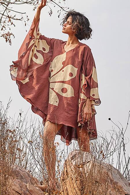 Shop_Kharakapas_Brown Cotton Open Neck Groove Floral Print Dress _Online_at_Aza_Fashions