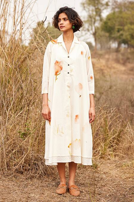 Kharakapas_Off White Cotton Embroidery Collared French Hydrangea Floral Print Shirt Dress _Online_at_Aza_Fashions